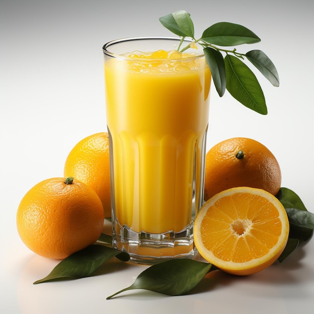 Photo de jus d'orange frais dans un verre sur fond blanc