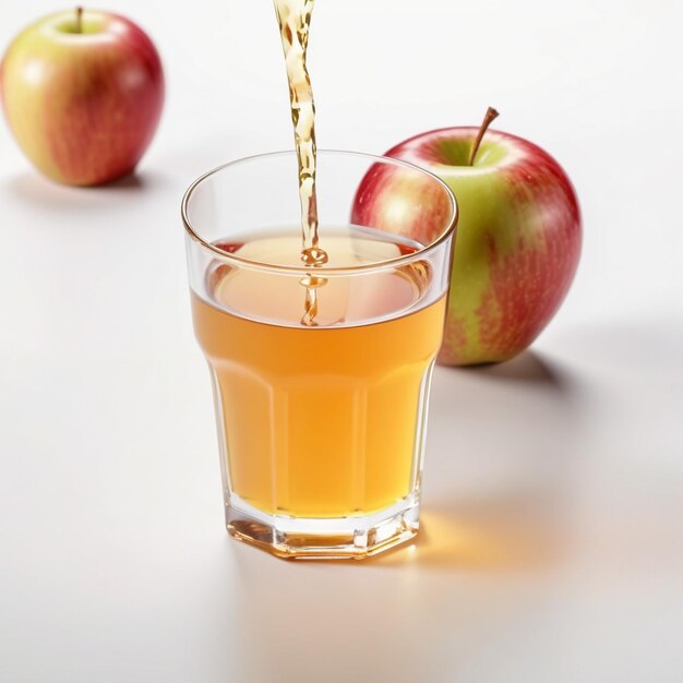 Photo photo d'un jus de pomme avec des morceaux de pomme isolés sur un fond lisse