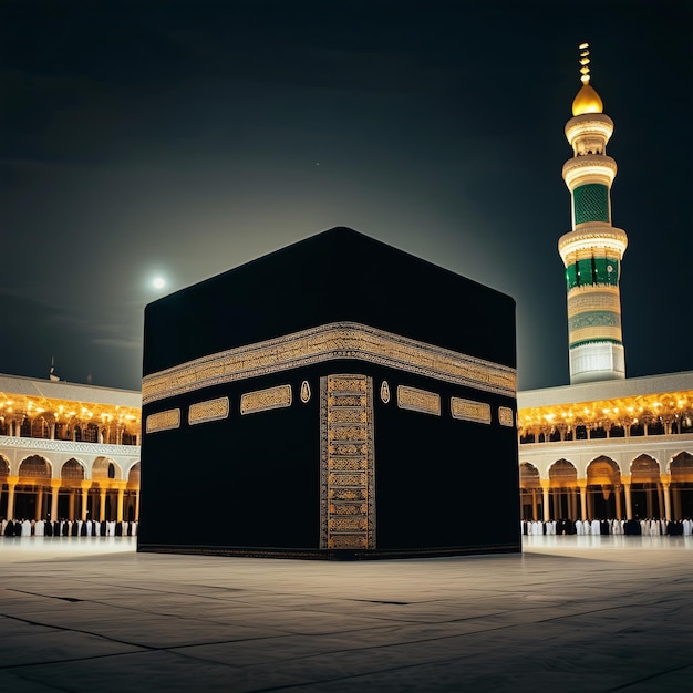 Une photo de la Kaaba Sharif vide avec la lune et l'étoile