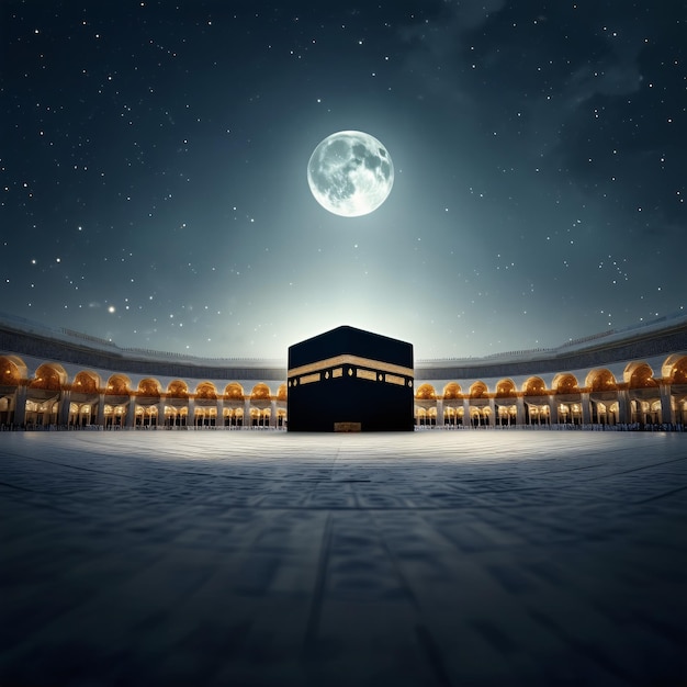 Une photo de la Kaaba Sharif vide avec la lune et l'étoile