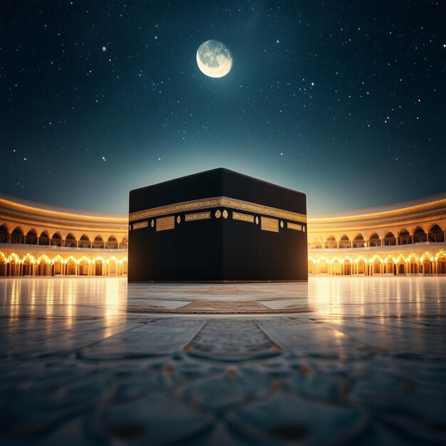 Une photo de la Kaaba Sharif vide avec la lune et l'étoile