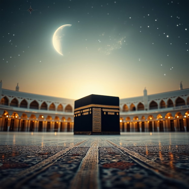 Une photo de la Kaaba Sharif vide avec la lune et l'étoile