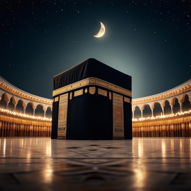 Une photo de la Kaaba Sharif vide avec la lune et l'étoile