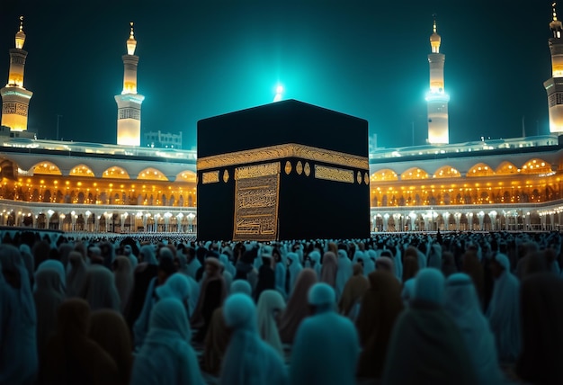 Une photo de la Kaaba Sharif vide avec la lune et l'étoile