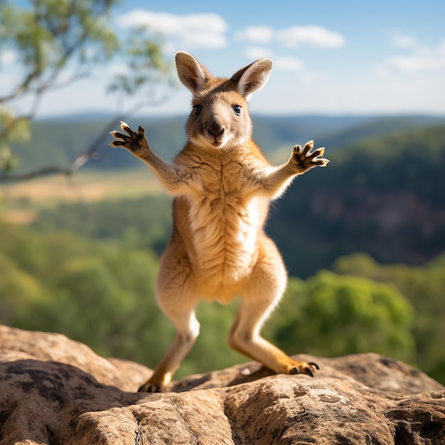 Une photo d'un kangourou qui saute sur le rocher.