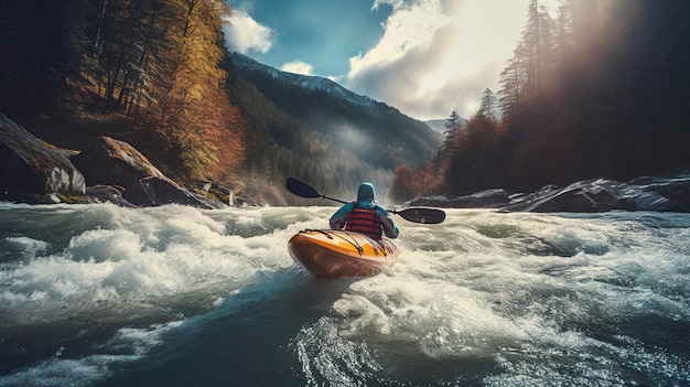 Une photo d'un kayakiste sur des rapides dans une rivière