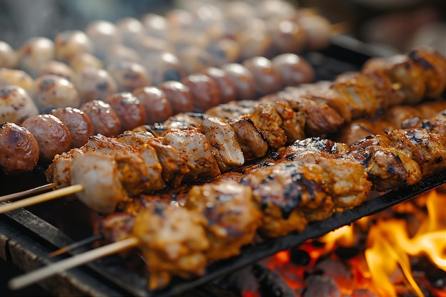 Une photo de kebabs grillés et de salade