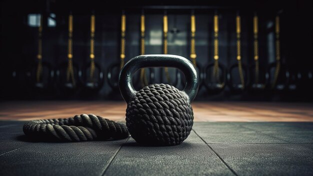 Une photo d'une kettlebell et de cordes de bataille pour l'entraînement de la force