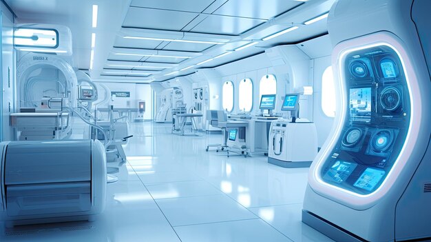 Une photo d'un laboratoire futuriste avec des machines avancées et des murs blancs stériles