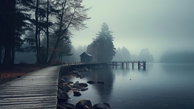 Photo une photo d'un lac avec une atmosphère brumeuse d'une jetée en bois