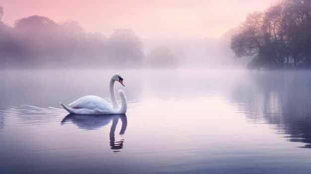 Une photo d'un lac brumeux avec une lumière matinale douce d'un cygne solitaire