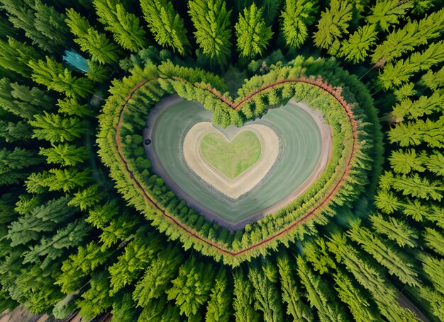 Photo photo d'un lac dans la forêt en forme de cœur