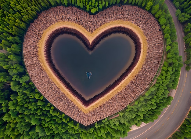 Photo photo d'un lac dans la forêt en forme de cœur