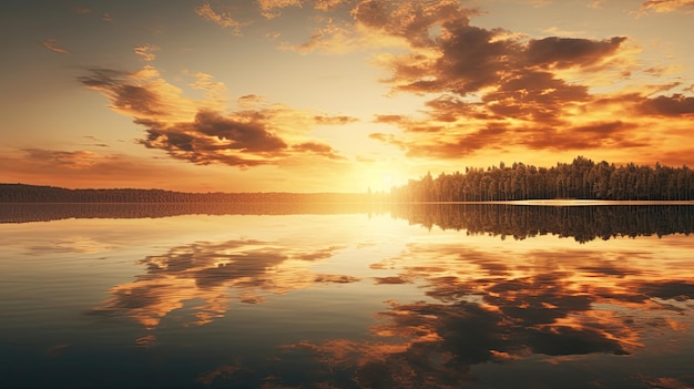 Une photo d'un lac avec une lueur d'heure d'or du ciel reflétée