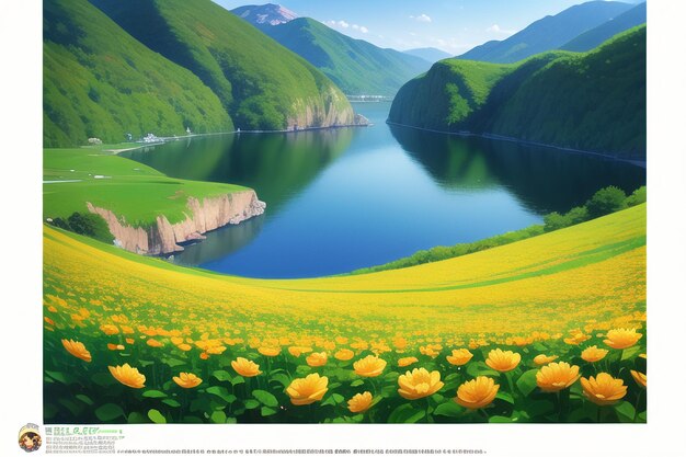 Une photo d'un lac de montagne avec des fleurs jaunes.