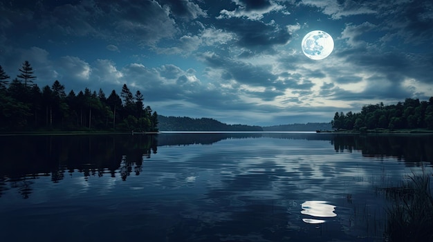 Une photo d'un lac la nuit avec une lune pleine