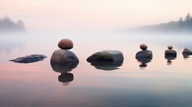 Photo une photo d'un lac avec des pierres en lévitation le matin brumeux