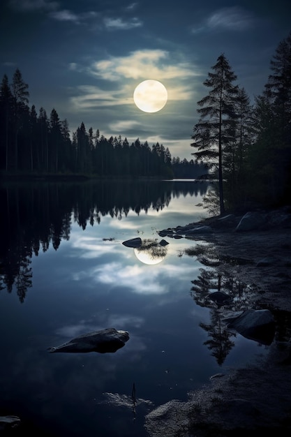 Photo d'un lac avec réflexion de la lune AI générative