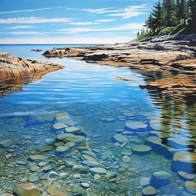 une photo d'un lac avec des rochers et des arbres dans l'eau.