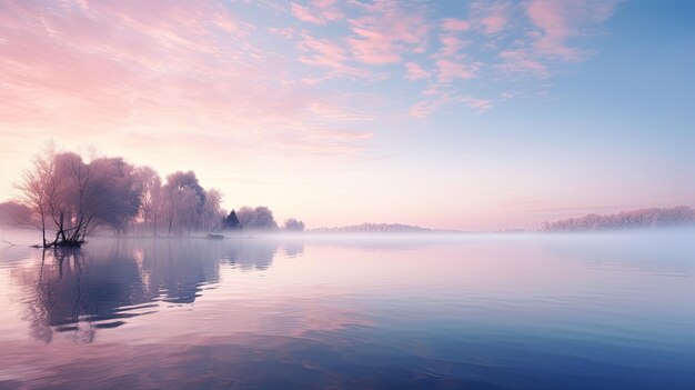 Photo une photo d'un lac serein au lever du soleil à la lumière douce du matin