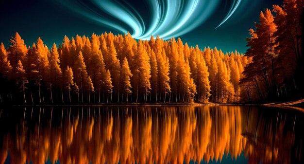 Photo photo d'un lac serein éclairé par des lumières vibrantes au milieu d'une forêt