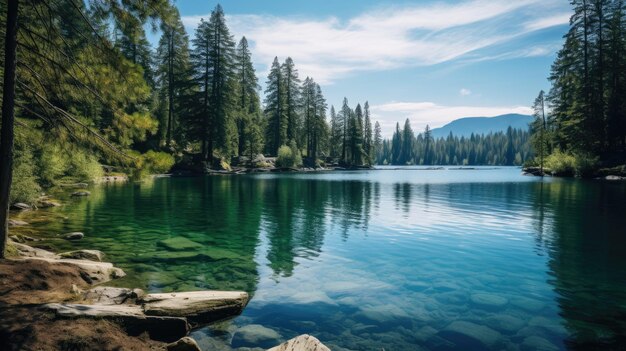 Photo une photo d'un lac serein entouré de pins et d'une douce lumière du soleil