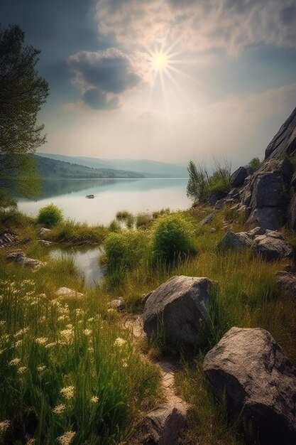 Une photo d'un lac avec un soleil qui brille dans le ciel