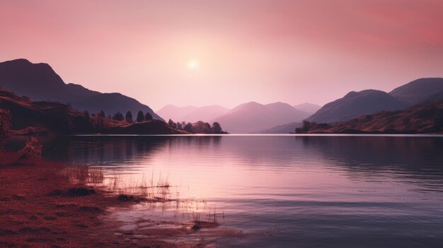 Photo une photo d'un lac avec le soleil qui se couche derrière les montagnes et une lumière de fond douce