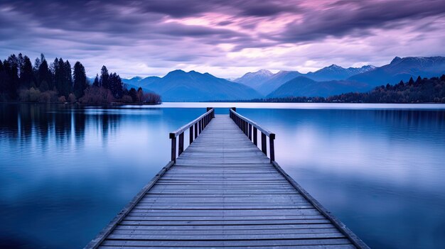 Photo une photo d'un lac tranquille avec une jetée en bois et des montagnes lointaines