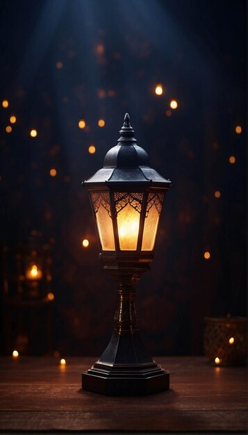 Photo d'une lanterne éclairée dans une nuit sombre Ramadan Kareem Design de bannière du festival islamique de l'Aïd