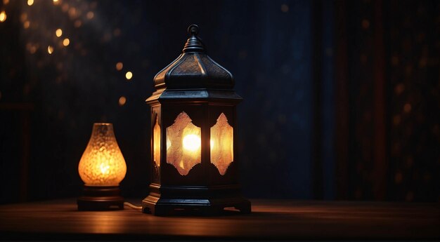 Photo d'une lanterne éclairée dans une nuit sombre Ramadan Kareem Design de bannière du festival islamique de l'Aïd