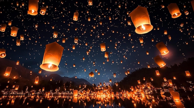 Photo d'une lanterne flottante dans le ciel avec le festival Yee Peng