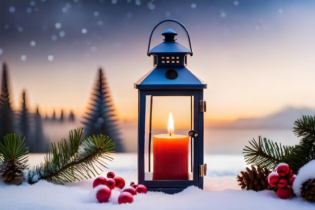 photo lanterne de Noël avec branche de sapin et décoration sur fond défocalisé de table enneigée