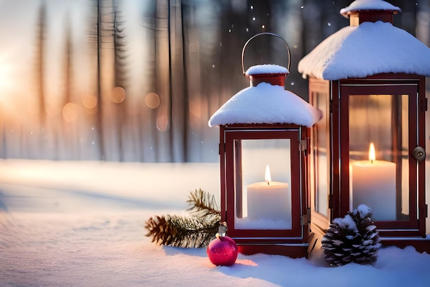 photo lanterne de Noël avec branche de sapin et décoration sur fond défocalisé de table enneigée