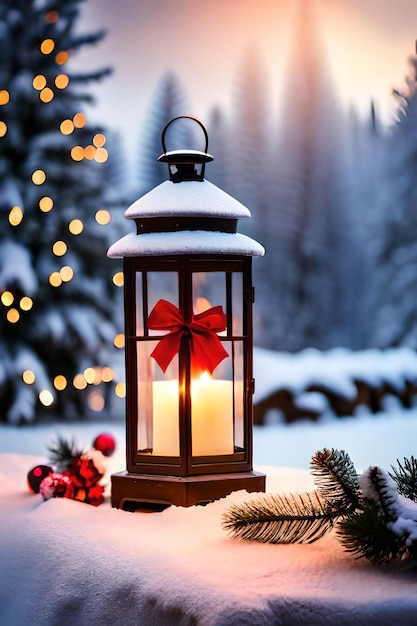 photo lanterne de Noël avec branche de sapin et décoration sur fond défocalisé de table enneigée