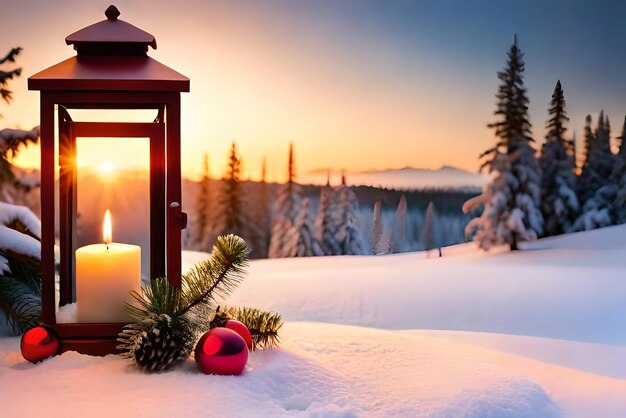 photo lanterne de Noël avec branche de sapin et décoration sur fond défocalisé de table enneigée