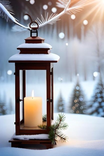 photo lanterne de noël avec branche de sapin et décoration sur table enneigée fond défocalisé