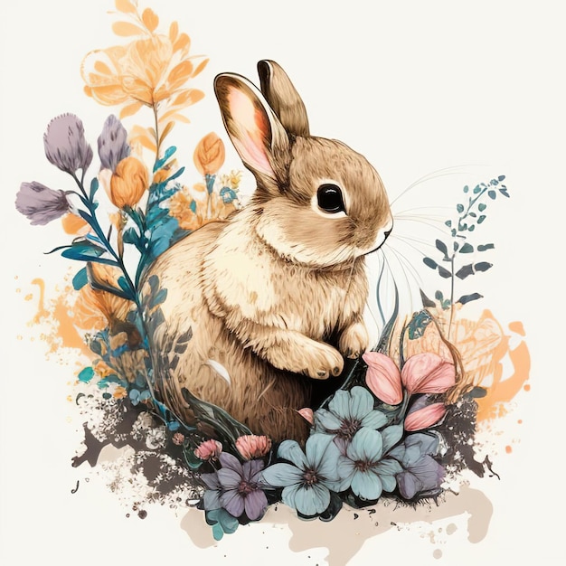 Photo une photo d'un lapin rouge avec des fleurs sur fond clair le concept de l'ia générée