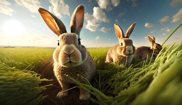 Une photo de lapins dans un champ avec un fond de ciel