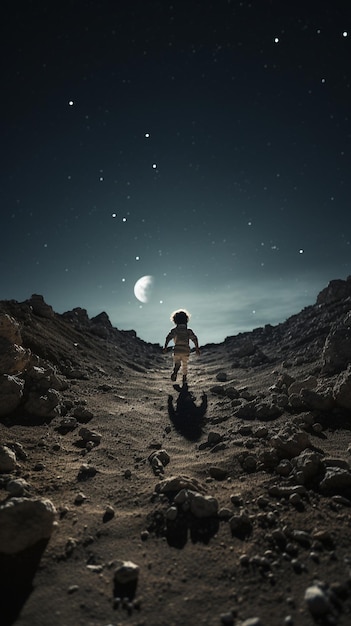 photo large vue d'une fille qui court sur la lune