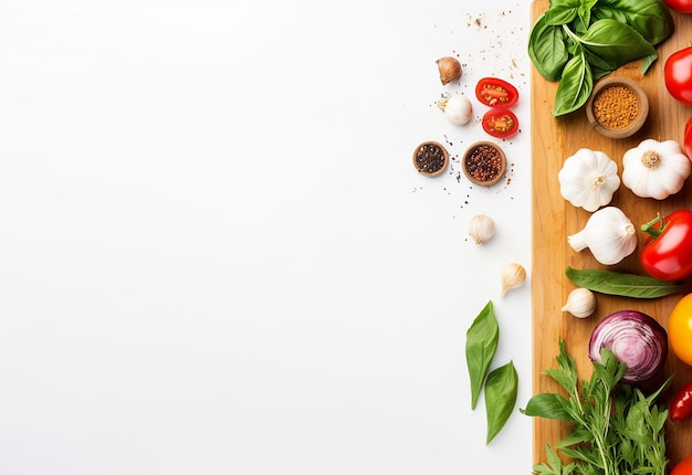 Photo de légumes de différentes couleurs sur une planche à découper et des fonds de légumes vue de dessus