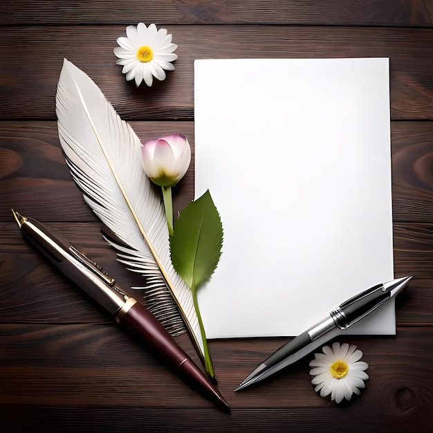 Photo photo de lettre vierge avec stylo plume de fleur