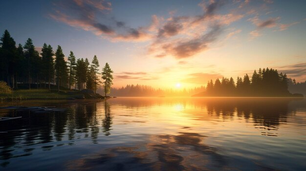 Une photo d'un lever de soleil matinal sur un lac paisible