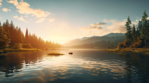 Une photo d'un lever de soleil matinal sur un lac paisible