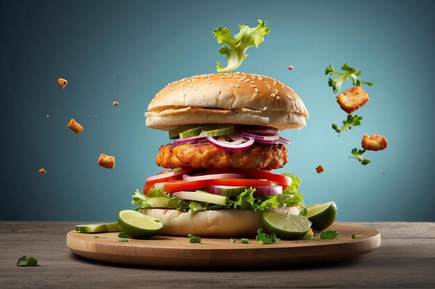 Photo photo levitant burger de poulet dans l'air avec des légumes au citron mexicain fast food