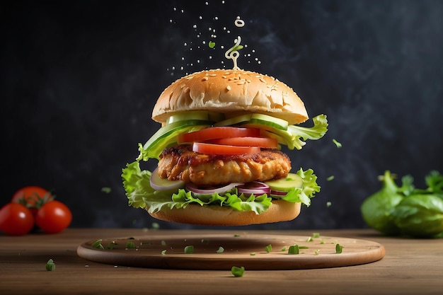 Photo levitant Burger de poulet dans l'air avec des légumes au citron mexicain fast food