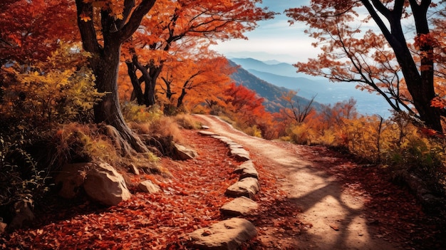 Une photo d'un lieu montagneux avec un sentier de randonnée sinueux et un feuillage d'automne vibrant