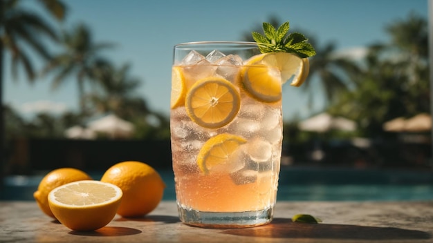 photo de limonade à l'orange avec du thé au citron et à la menthe et des glaçons frais délicieusement froids
