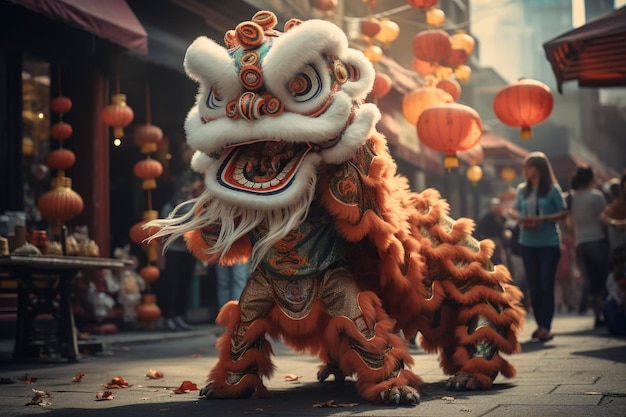 Une photo d'un lion chinois dansant dans la rue