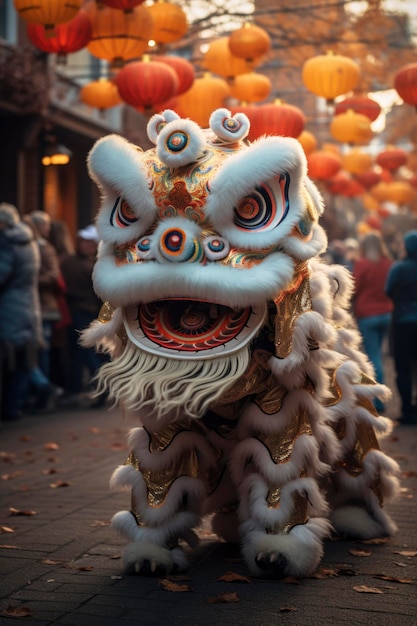 Une photo d'un lion chinois dansant dans la rue